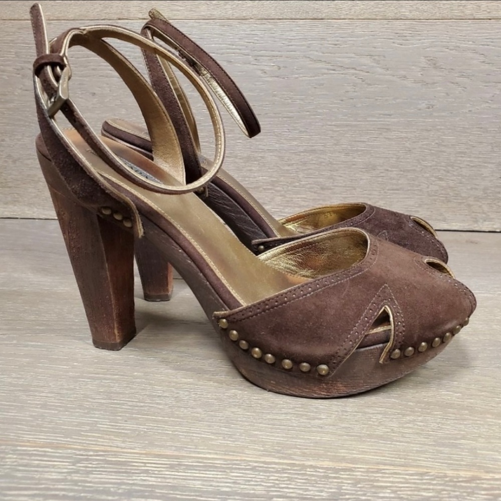 Prada Wooden Platform Heel Suede Ankle Strap Studded Sandal